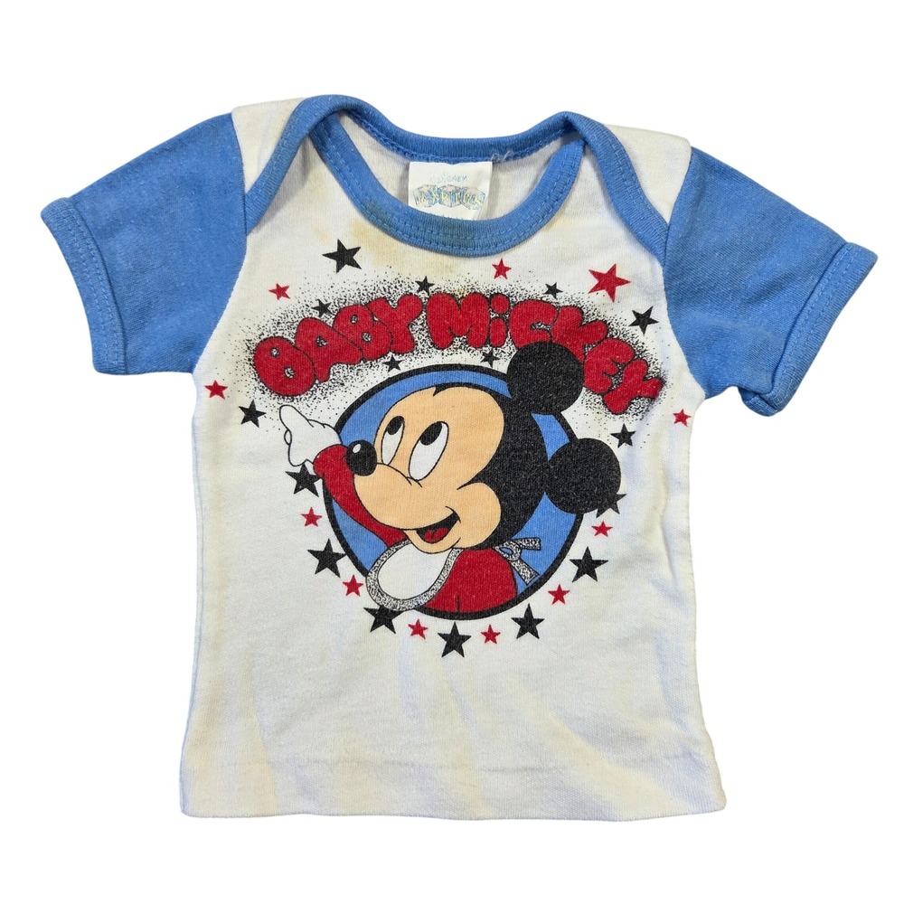 Vintage Disney Babies Mickey Mouse Ringer T-Shirt 0-6 Months Blue White 80s